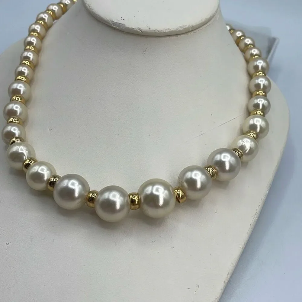 Vintage Napier glass graduated faux pearl with gold tone spacers necklace.